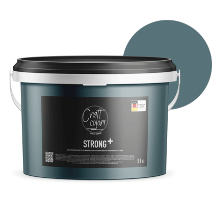 5l bucket of Strong+ Basaltblau wall paint for high-traffic areas, featuring a matte finish and breathable formula.